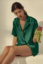 CHYRII Women's Silk Satin Pajamas Sets Tie Front Short Sleeve Tops and Shorts Two Piece Pj Sets Sleepwear