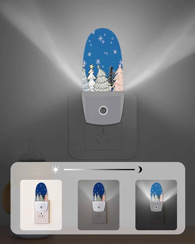 Night Light Plug into Wall, Christmas Winter Pine Trees Stars Snowflakes Sage Green White Peach Black Blue Popsicle Shape Night Light LED Nightlight with Light Sensors for Kids Bedroom Hallway