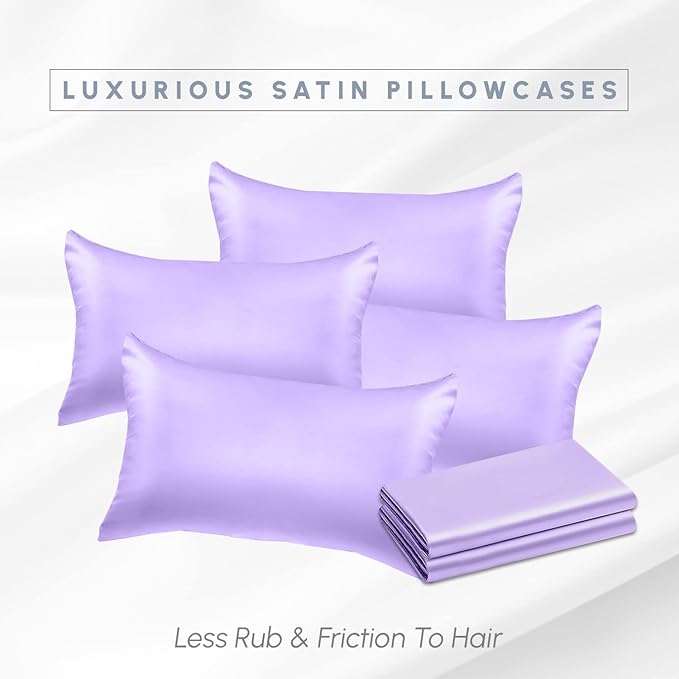 Elegant Comfort 6-Pack Cooling Viscose Satin Pillowcase Set with Hidden Zipper Closure, Silky Smooth for Best Hair and Skin Care-Beautiful Gift Box-6-Piece Satin Pillowcase Set, King, Lilac
