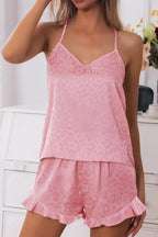 CHYRII Women's Sexy Silk Satin Ruffled Pajamas Sets Cami Shorts Sets Sleepwear