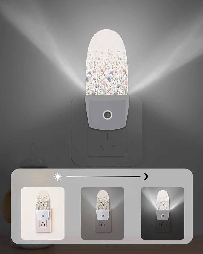 Night Light Plug into Wall, Spring Summer Purple Peach Orange Floral Flowers Leaves Country Beige Popsicle Shape Night Light LED Nightlight with Light Sensors for Kids Bedroom Hallway