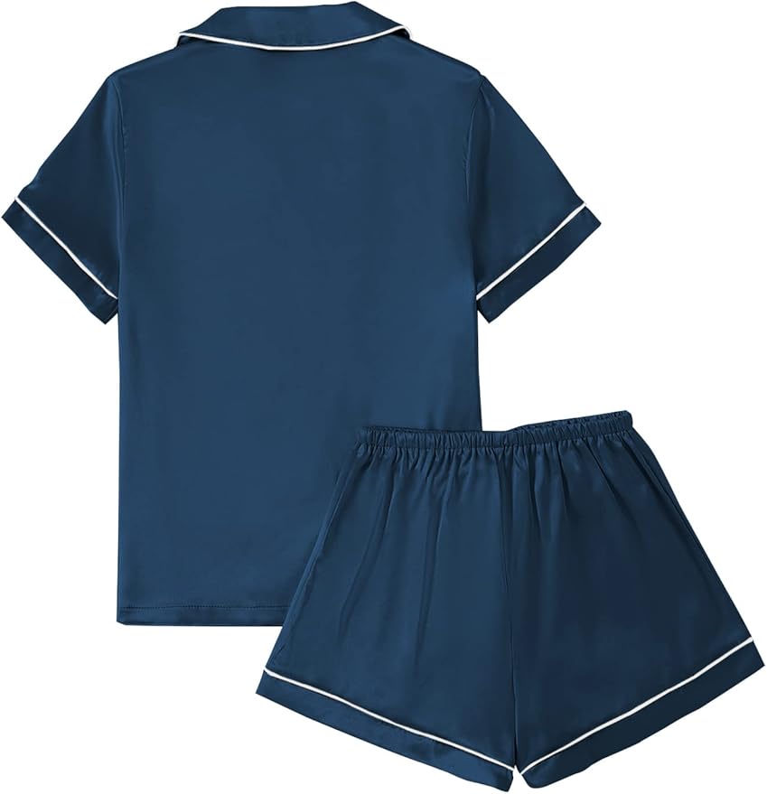 LYANER Women's Silky Satin Pajamas Set Short Sleeve Button Down Shirt With Shorts Pjs Set Sleepwear