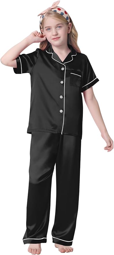 Umeyda Girls Womens Pajamas Set, Satin Silky Button Down Loungewear 2 Piece Short Sleeve Pants PJS Sets for Mommy Kids