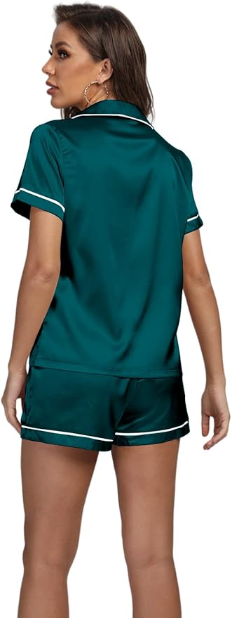 LYANER Women's Silky Satin Pajamas Set Short Sleeve Button Down Shirt With Shorts Pjs Set Sleepwear