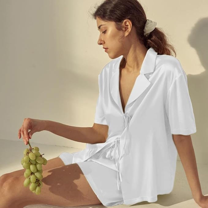 CHYRII Women's Silk Satin Pajamas Sets Tie Front Short Sleeve Tops and Shorts Two Piece Pj Sets Sleepwear