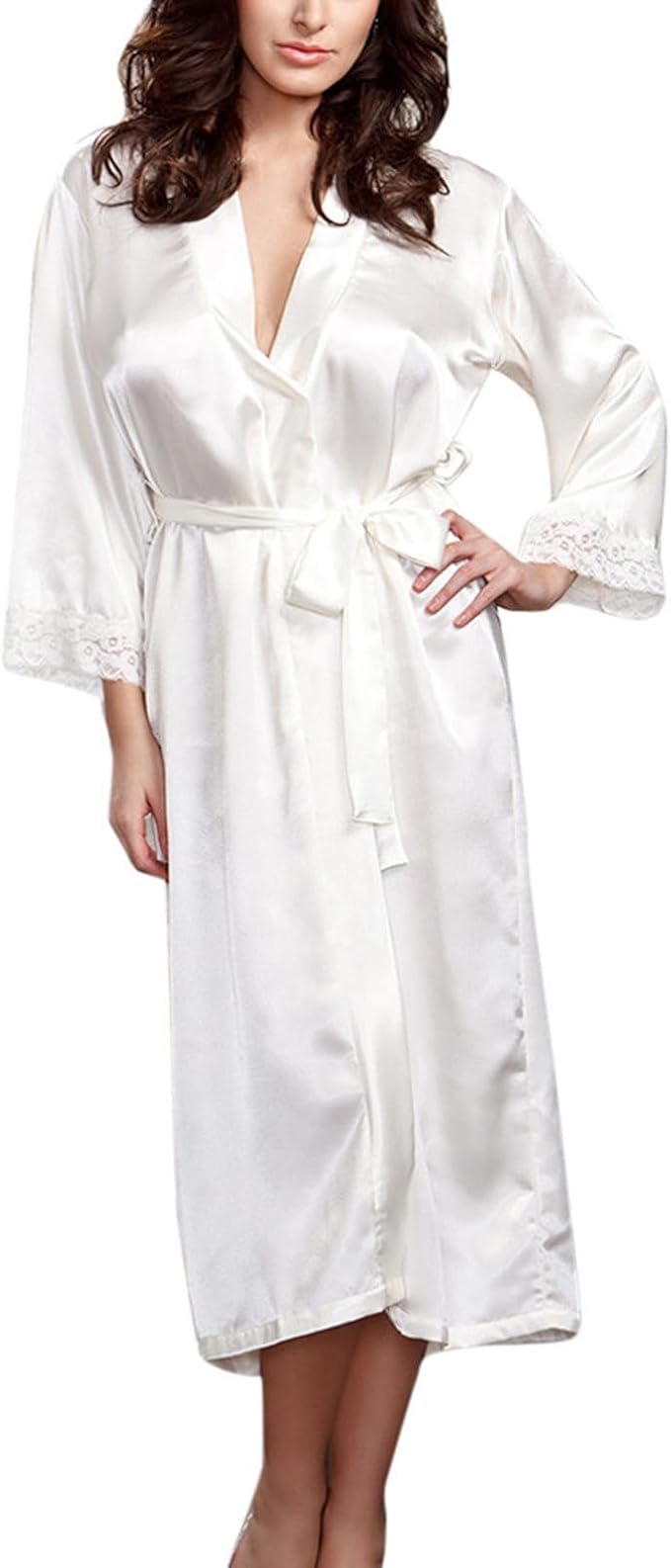 Women Kimono Robes Sexy Silk Satin Long Bathrobe Lightweight Soft Nightgown Elegant Sleepwear V-Neck Loungewear Pjs