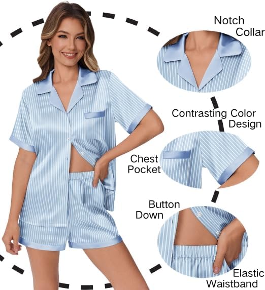 Ekouaer Womens Silk Satin Pajamas Set Animals Print Pjs Button Down Short Sleeve Lounge Set 2 Piece Sleepwear
