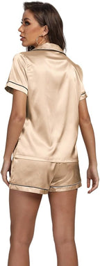 LYANER Women's Silky Satin Pajamas Set Short Sleeve Button Down Shirt With Shorts Pjs Set Sleepwear