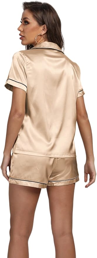 LYANER Women's Silky Satin Pajamas Set Short Sleeve Button Down Shirt With Shorts Pjs Set Sleepwear