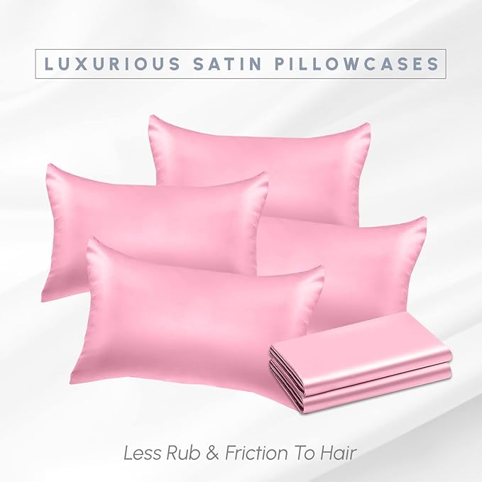 Elegant Comfort 6-Pack Cooling Viscose Satin Pillowcase Set with Hidden Zipper Closure, Silky Smooth for Hair and Skin Care-Beautiful Gift Box-6-Piece Satin Pillowcase Set, Standard/Queen, Light Pink