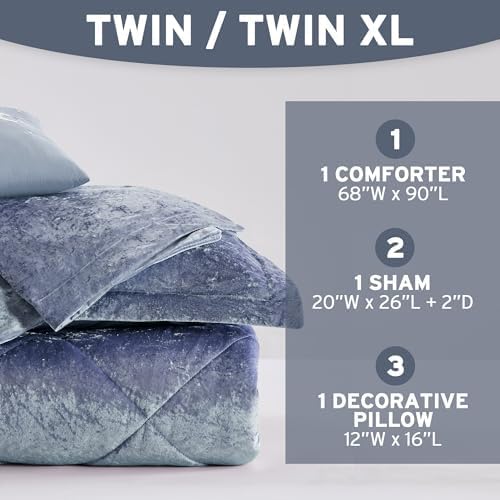 Intelligent Design Twin Comforter Set, Velvet Comforter Set , Luxury Diamond Quilting Comforter Set, Fluffy Comforter Bed Set with Decorative Pillowand 1 Sham, 3 Piece Blue, Twin/Twin XL