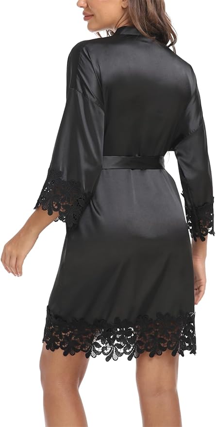 Womens Short Satin Robe Lace Trim Silk Kimono Sleepwear Bridesmaid Robes for Bride Wedding Party Nightgown