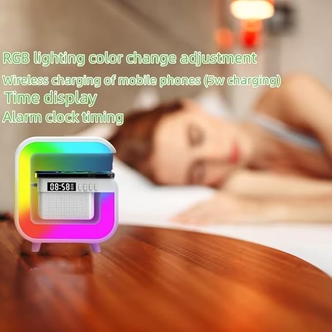 LED Table Lamp Speaker with Wireless Charger, Night Light Lamp with Bluetooth Speaker, Sunrise Alarm Clock, Smart Mini Atmosphere Lamp for Bedroom, Office, Living Area (White)