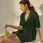 CHYRII Women's Silk Satin Pajamas Sets Tie Front Short Sleeve Tops and Shorts Two Piece Pj Sets Sleepwear