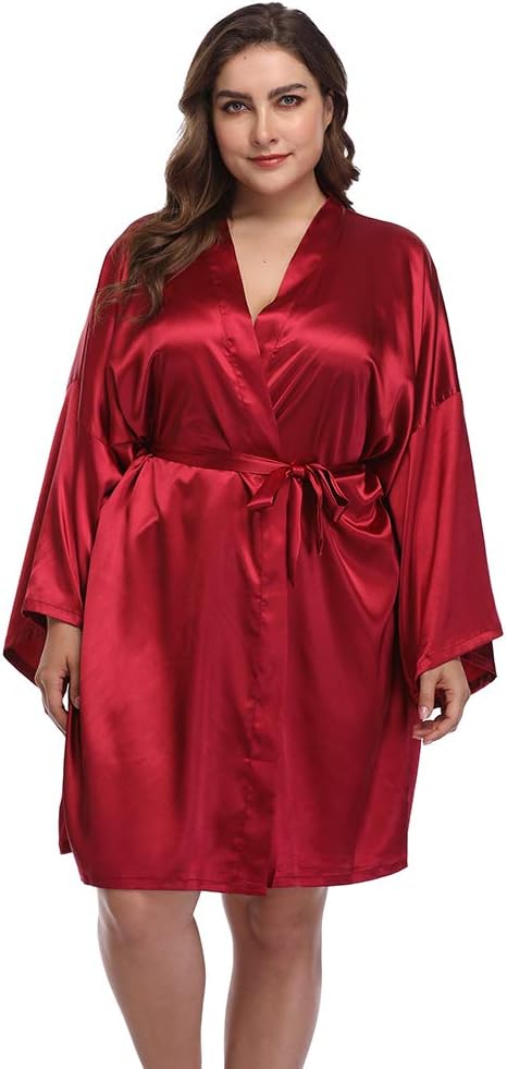 Women's Plus Size Short Satin Kimono Robes Sleepwear Bathrobes Silky Dressing Gown