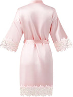 Womens Short Satin Robe Lace Trim Silk Kimono Sleepwear Bridesmaid Robes for Bride Wedding Party Nightgown
