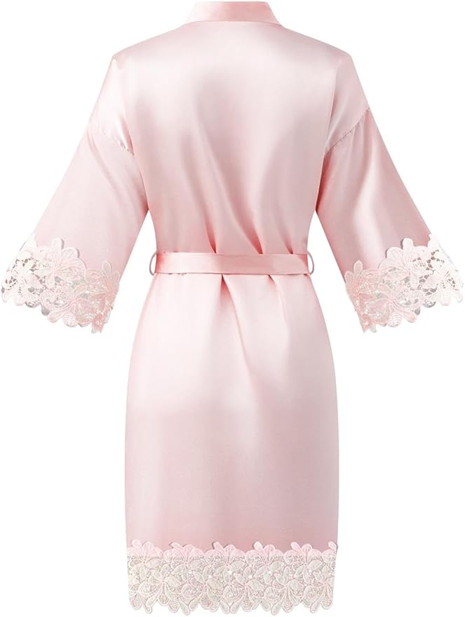 Womens Short Satin Robe Lace Trim Silk Kimono Sleepwear Bridesmaid Robes for Bride Wedding Party Nightgown