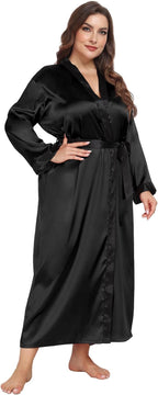 Womens Plus Size Silky Satin Kimono Robe Floral Long Bathrobe Wedding Sleepwear Dressing Gown