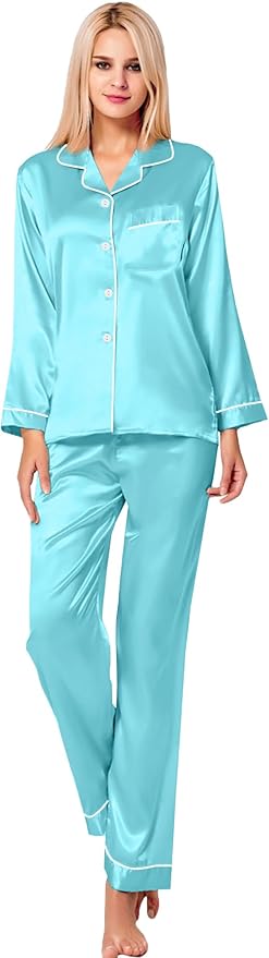 SWOMOG Womens Silk Satin Pajamas Set Long Sleeve Button Down Sleepwear 2 Piece Lounge Set Pj Set XS-3XL