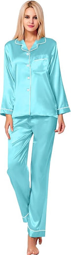 SWOMOG Womens Silk Satin Pajamas Set Long Sleeve Button Down Sleepwear 2 Piece Lounge Set Pj Set XS-3XL
