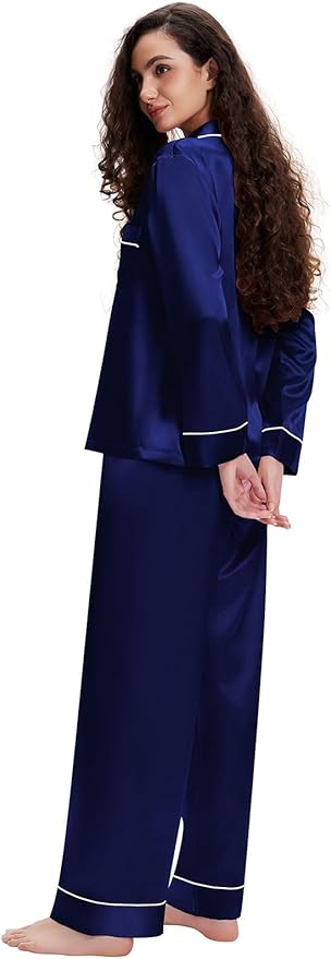 Lonxu Silk Satin Womens Pajama Sets Button Down Sleepwear Loungewear XS~3XL