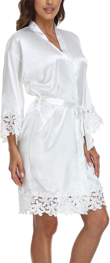 Womens Short Satin Robe Lace Trim Silk Kimono Sleepwear Bridesmaid Robes for Bride Wedding Party Nightgown