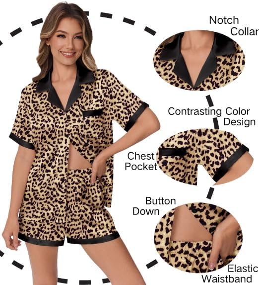 Ekouaer Womens Silk Satin Pajamas Set Animals Print Pjs Button Down Short Sleeve Lounge Set 2 Piece Sleepwear