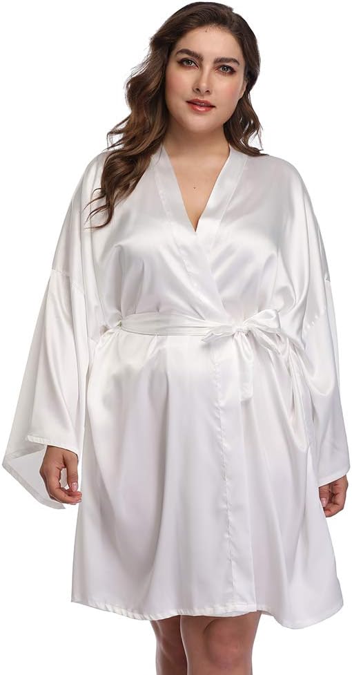 Women's Plus Size Short Satin Kimono Robes Sleepwear Bathrobes Silky Dressing Gown