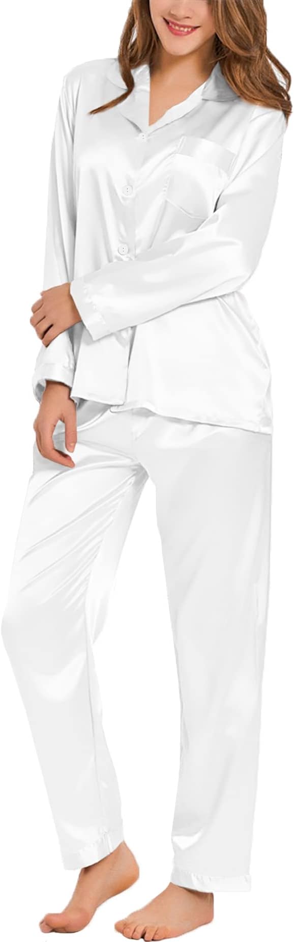 SWOMOG Long Sleeve Pajamas Set Silk Satin Sleepwear Button Down Pjs Loungewear with Pocket