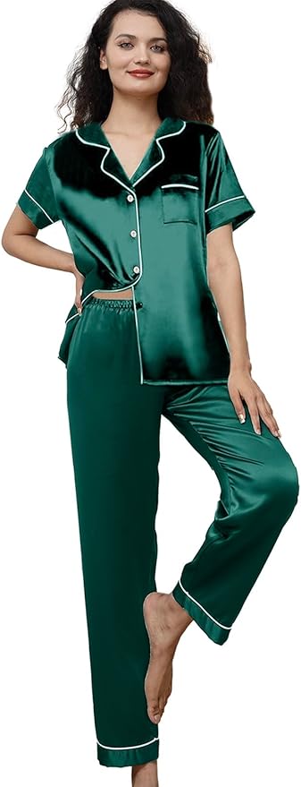 WJing Yi Jia Womens Pajamas Set XS-4XL Floral Silk Satin Pajama Sets Silky Pj Sets 2Pcs Loungewear Sleepwear Button Down Pjs
