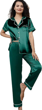 WJing Yi Jia Womens Pajamas Set XS-4XL Floral Silk Satin Pajama Sets Silky Pj Sets 2Pcs Loungewear Sleepwear Button Down Pjs