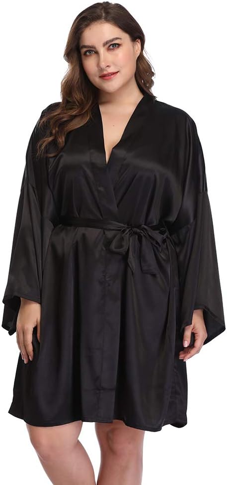 Women's Plus Size Short Satin Kimono Robes Sleepwear Bathrobes Silky Dressing Gown