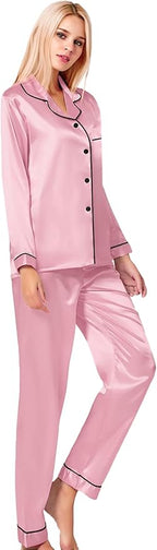 SWOMOG Womens Silk Satin Pajamas Set Long Sleeve Button Down Sleepwear 2 Piece Lounge Set Pj Set XS-3XL