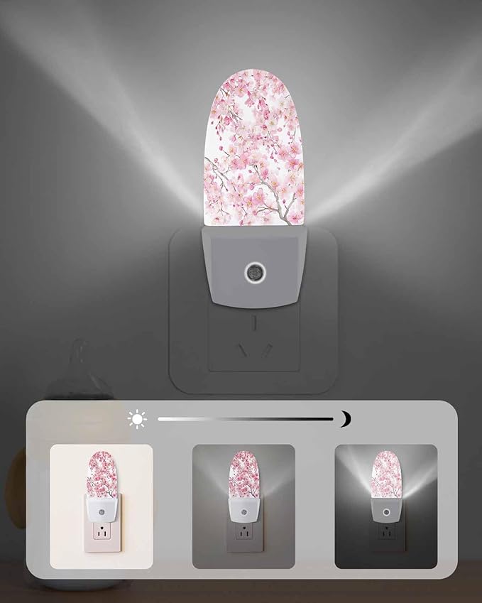 Spring Pink Blossom Peach Night Light Plug into Wall, Watercolor Flower Tree Branch Popsicle Shape Night Light Nightlight with Light Sensors for Kids Bedroom Hallway