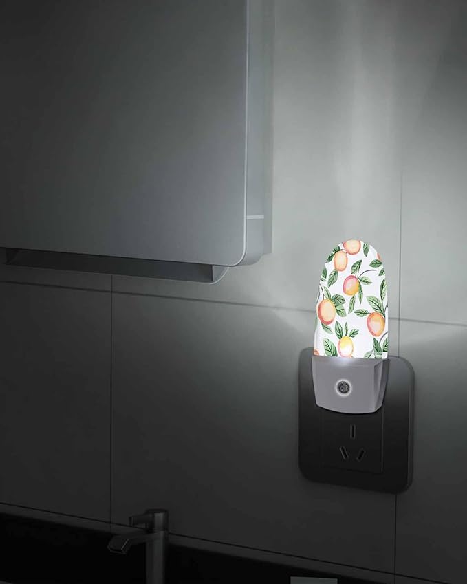 Spring Summer Country Peach on White Night Light Plug into Wall, Farmhouse Green Leaves Popsicle Shape Night Light Nightlight with Light Sensors for Kids Bedroom Hallway