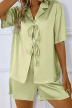 CHYRII Women's Silk Satin Pajamas Sets Tie Front Short Sleeve Tops and Shorts Two Piece Pj Sets Sleepwear