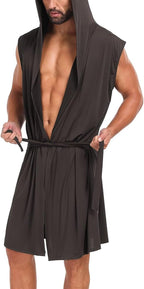 VintageClothing Men's Summer Robe with Hooded Lightweight Bathrobe House Kimono Sleeveless Sexy Sleepwear Pajamas