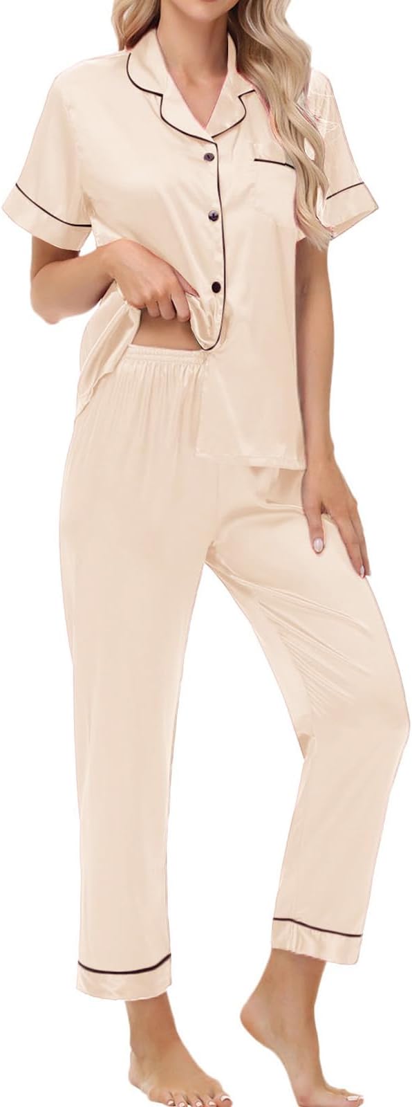 Women's Satin Pajama Set Short Sleeve Silk Top and Pants Set Classic Button Down 2-Piece Sleepwear Loungewear