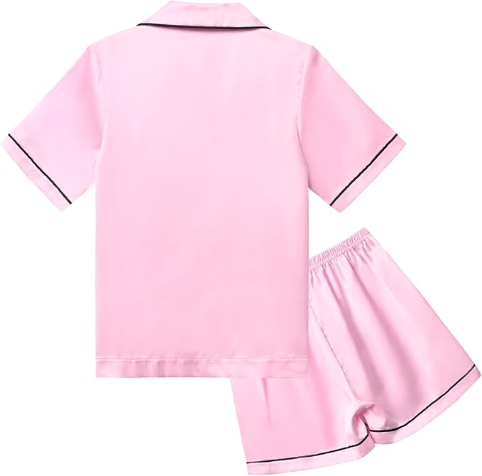 QPANCY Kids Satin Pajamas Sets Baby Boy Girl Button-Down Silk Sleepwear 2 Piece Short Sleeve Loungewear Clothes Set