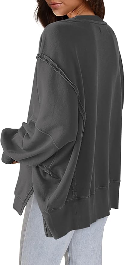 Nirovien Womens Oversized Crewneck Sweatshirt Side Slit Long Sleeve Pullover Slouchy Fit Tops