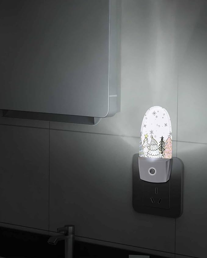 Night Light Plug into Wall, Christmas Day Winter Pine Trees Snowflakes Blue Sage Green Black Peach White Popsicle Shape Night Light LED Nightlight with Light Sensors for Kids Bedroom Hallway