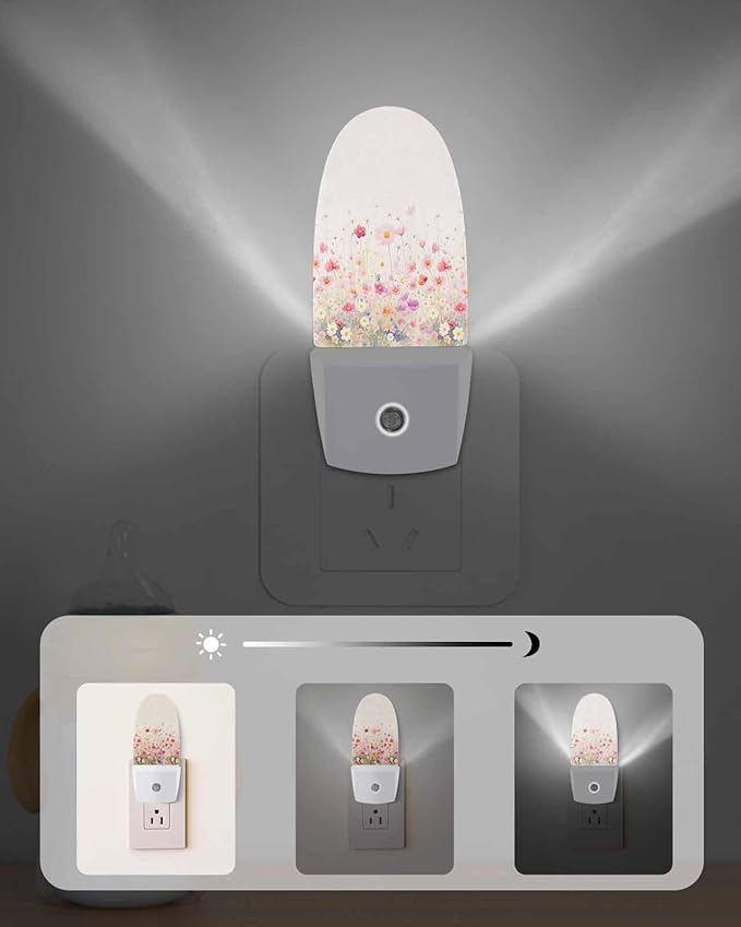 Night Light Plug into Wall, Spring Summer Peach Red Purple White Floral Flower Leaf Country Beige Popsicle Shape Night Light LED Nightlight with Light Sensors for Kids Bedroom Hallway