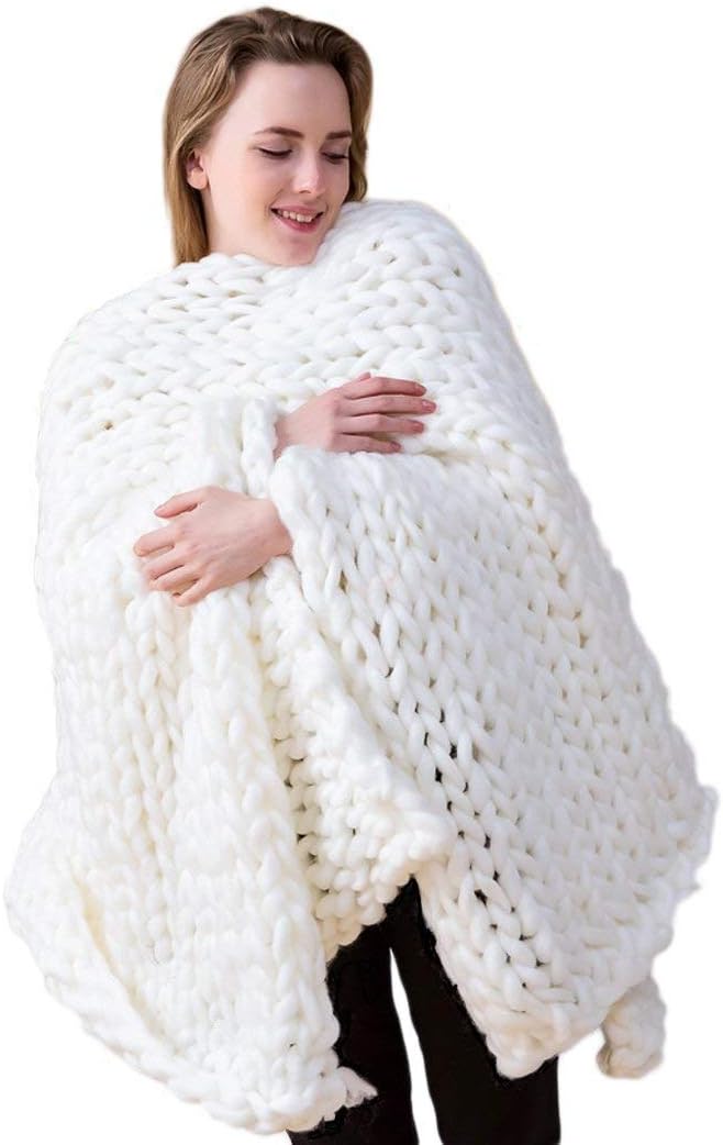 Chunky Knit Blanket Hand Made Merino Wool Throw Boho Bedroom Sofa Home Decor Giant Yarn(White 40"x60")