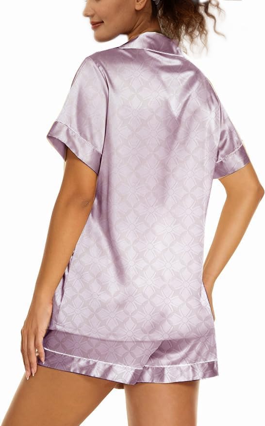 WJing Yi Jia Womens Silk Satin Pajamas Loungewear Two-Piece Sleepwear Button-Down Floral Pj Set XS-4XL