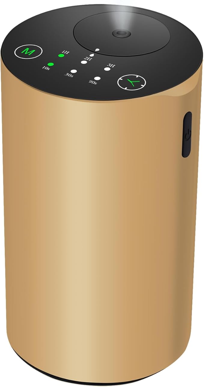 Waterless Essential Oil Diffuser, Battery Powered Mini Scent Air Machine, Aromatherapy Mist Diffuser for Home Room Car Office (Gold Aluminum Alloy)