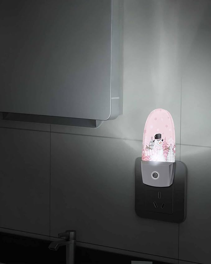Night Light Plug into Wall, Winter Xmas Happy Snowman Grey Buffalo Checked Christmas Tree Snowflake Peach Popsicle Shape Night Light LED Nightlight with Light Sensors for Kids Bedroom Hallway