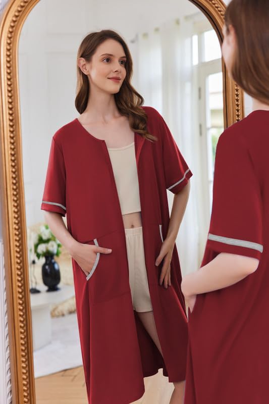 Ekouaer Women Zipper Robe Short Sleeve Duster Housecoat Short Bathrobes Zip Front Nightgown with Pockets S-3XL