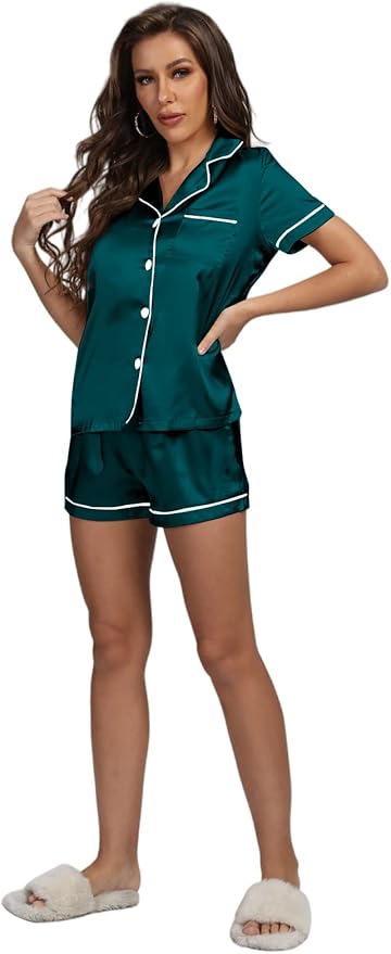 LYANER Women's Silky Satin Pajamas Set Short Sleeve Button Down Shirt With Shorts Pjs Set Sleepwear