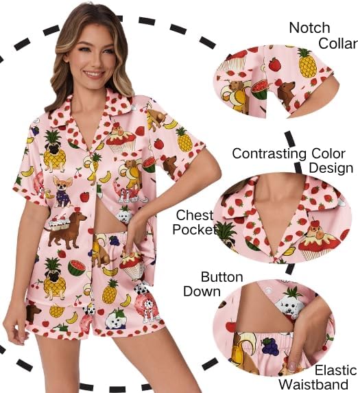 Ekouaer Womens Silk Satin Pajamas Set Animals Print Pjs Button Down Short Sleeve Lounge Set 2 Piece Sleepwear