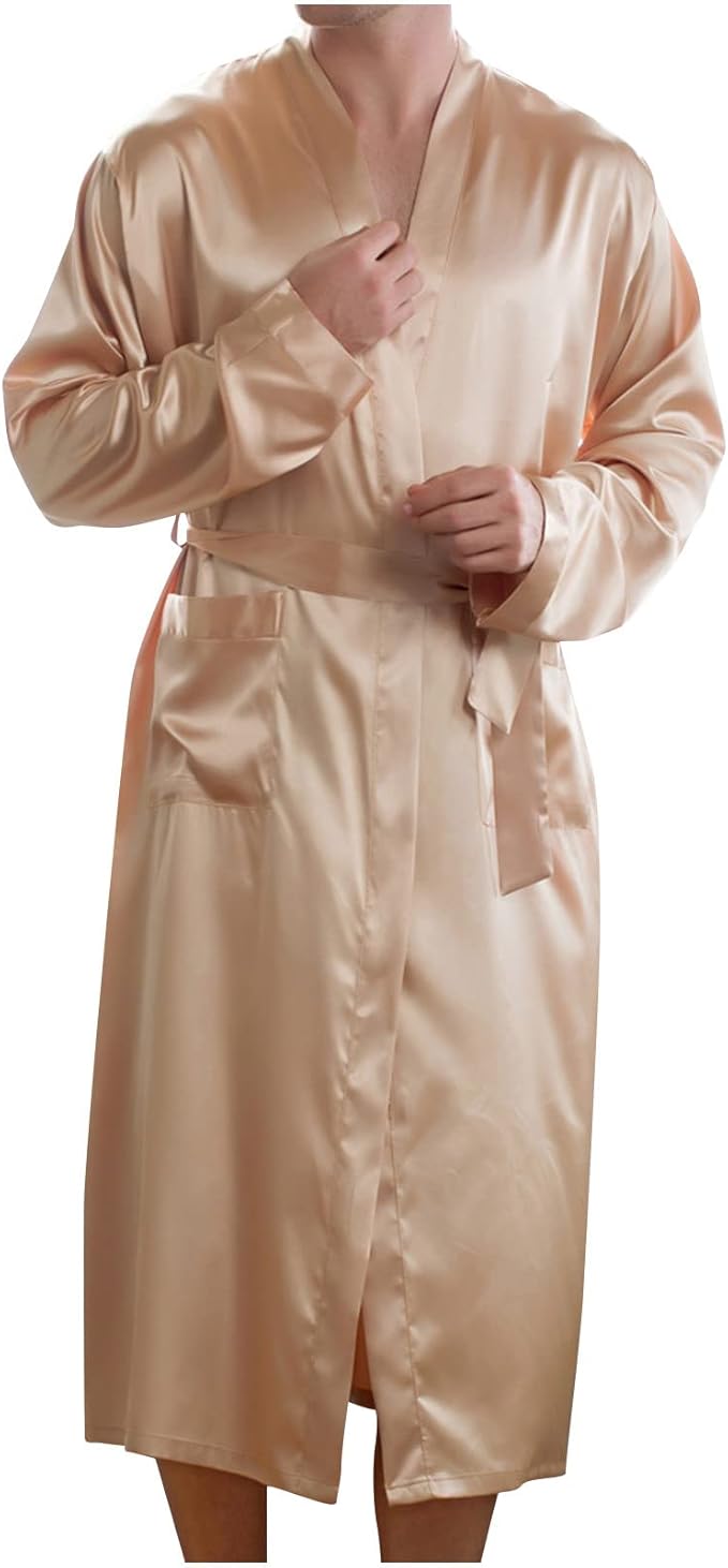 Men's Satin Robe Silky Bathrobe Soft Comfy Casual Bathrobe Fashion Comfy Solid Color Long Loungewear with Pocket